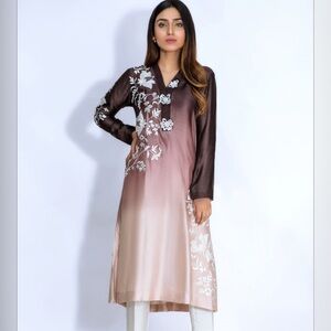 Ombré Cotton Net Shirt with Embroidery and Floral Detal